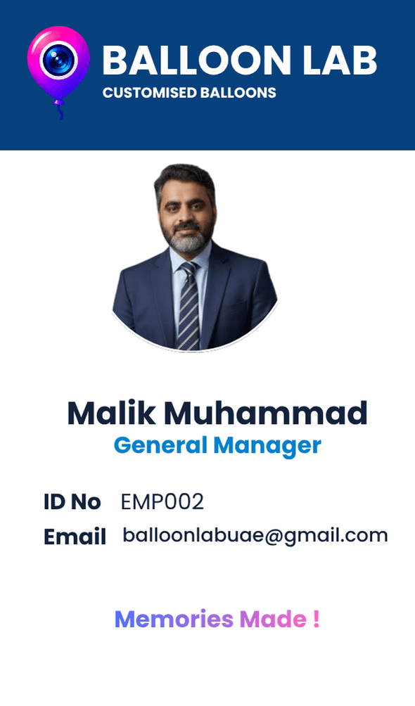 Balloon Lab employee ID card for Malik Muhammad