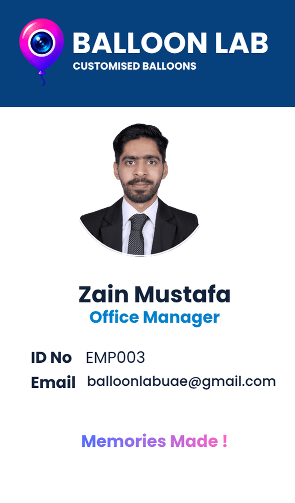 Balloon Lab employee ID card for Zain Mustafa